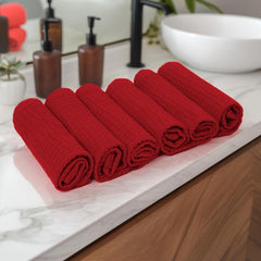 Encasa Xo Kitchen Hand Towels Set 150 Gsm | Waffle Weave & Flat Hand Towel | Quick Drying Reusable Cotton Washcloths | Set Of 6 (Red)