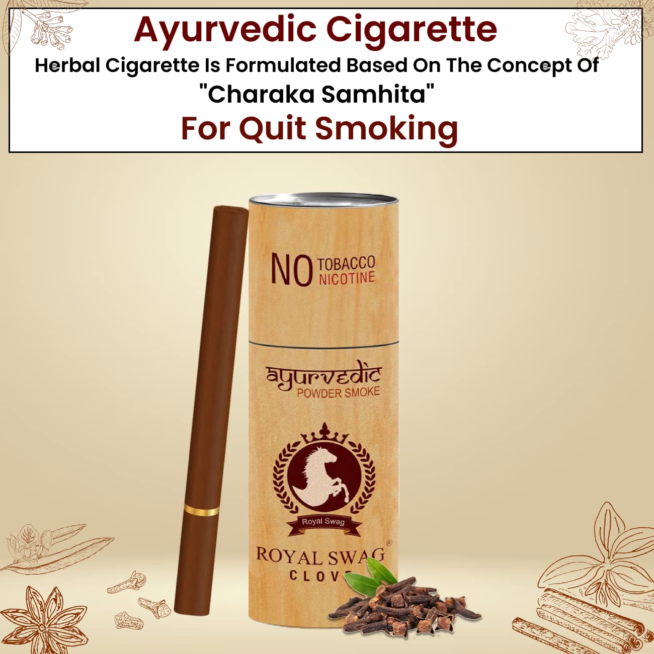 Royal Swag Herbal Nicotine Free Cigarettes 100% Tobacco-Free & Nicotine-Free Regular, Clove Flavour | Smoking Cessation Pack Of 30 With 100ml Shot Anti Addiction Spray Royal Swag Herbal Nicotine Free Cigarettes 100% Tobacco-Free & Nicotine-Free Regular, Clove Flavour | Smoking Cessation Pack Of 30 With 100ml Shot Anti Addiction Spray