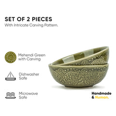 Ceramic Carving Medium Serving Bowls Set Of 2 Pcs - 630ml Each, Mehndi Green Carving | Premium Ceramic Bowls - Medium Size | Microwave Safe Bowls - Bowl Sets With Glossy Finish | Ceramic Bowl