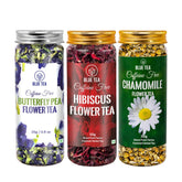 Blue Tea 3 In 1 Combo - Butterfly Pea Flower Tea + Hibiscus Tea+ Chamomile Tea, 105gm, 3.7 Ounce | Herbal Tea For Weight Loss, Skin Glow, Sleep - Non Bitter, Caffeine Free | Reusable Pet