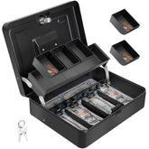 Cash Box With Lock & 2 Keys, Metal Money Box With Cash Tray, Portable Lock Safe Box, 4 Bill, 5 Coin Slots, Large Cash Boxes For Small Business 11.8 X 9.5 X 3.5 Inch, Colour - Top Key Black