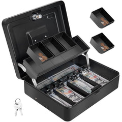 Cash Box With Lock & 2 Keys, Metal Money Box With Cash Tray, Portable Lock Safe Box, 4 Bill, 5 Coin Slots, Large Cash Boxes For Small Business 11.8 X 9.5 X 3.5 Inch, Colour - Top Key Black