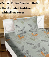 Printed Bedsheet For Single Bed With 1 Pillow Cover - 60 X 90 Inches, Grey & Green | Super Soft - Glace Cotton Breathable & Wrinkle Free - 2 Pcs Set