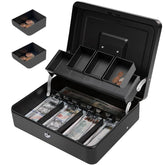 Cash Box Metal Money Box With 4 Bill 5 Coin Cash Tray Coin Compartment And Key Lock, 11.8l X 9.5w X 3.5h Inches, Colour - Black