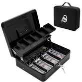 Locking Cash Box With Carry Bag, Metal Money Box With Money Tray, Durable Lock Safe Box With Key, 4 Bill 5 Coin Slots, Cantilever Design, Large Cash Boxes, Money Saving Organizer, Colour - Black