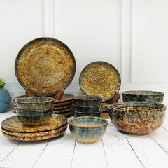 Rustic Roots Hand Painted Ceramic Dinner Set Of 20 Pieces With Serving Bowls | 6 Dinner Plates + 6 Side Plates+ 6 Katori Bowls, 180ml Each + 2 Serving Bowls, 800ml Each | Serving For 6