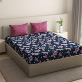 1 Double Bedsheet With 2 Matching Pillow Covers 72 X 48 Inches, Dark Blue & Peach | 200 Thread Count Durable & Long Lasting | All Around Elastic Fitted Sheet