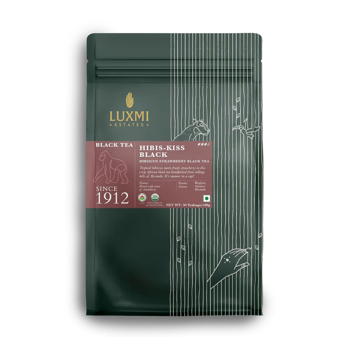 Luxmi Estates Hibis-Kiss Black Tea - 100gm, 3.5 Ounce, 50 Tea Bags | USDA Certified Organic Hibiscus Strawberry Black Tea - High Caffeine Black Tea | Additives Free Loose Leaves, Rich In Antioxidants