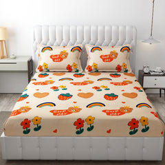 Wrinkle Free Soft Kids Double Bedsheets For King Size With 2 Pillow Cover | 90 X 95 Inches, Cream | Cartoon Printed Design | Child Bedroom Decor