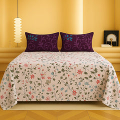 1 Double Bedsheet With Two Pillow Covers - 90 X 94 Inches, Beige | 300 Thread Count Super Soft Bed Sheet For King Size Bed Floral Design - Perfect Gift For Wedding, Anniversary