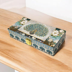 Peacock Design Gold Print Matt Touch Mgi Floral Decorative Box, Wedding Fancy Shagun Cash Box, Jewellery Box, Money Box, Gaddi Box, Material - Wood