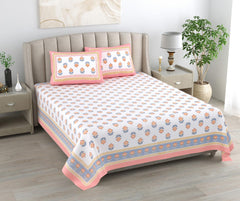 100% Cotton Jaipuri Bedsheet For King Size (95 X 108 Inches, White & Pink) With 2 Pillow Covers | Perfect For Everyday Use, Guest Rooms, Or Gifting On Special Occasions