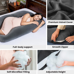 Full Body U Shape Pregnancy Pillow For Women, Maternity Pillow, Dark Grey | Pillow Gift For Pregnancy Sleeping, Premium Velvet Cover With Zip | Adjustable & Washable, Relieves Pain