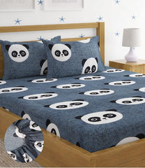Elastic Fitted Kids Panda Double Bedsheet 2 King Size Pillow Covers, Grey (72x78 Inches) | Lightweight, Soft & Breathable - Perfect For Gifting Bedsheet