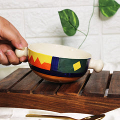 Boho Fiesta Ceramic Snack Bowls With Handles - 2 Pieces, 300ml Each, Multicolor | Hand Painted Handled Soup Bowls - Ceramic Snacks Serving Bowls Set | Microwave Safe & Dishwasher Safe