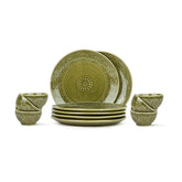 Ceramic Carving Dinner Set Of 12 Pcs, Mehndi Green | Crockery Set For Dining Table - Glossy Finish Premium Stoneware | 6 Dinner Plates + 6 Veg Bowls, 160ml Each