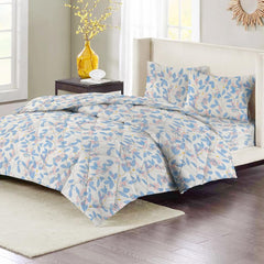 Double Bedsheet 1 Comforter 2 Pillow Covers - 90 X 100 Inches, Beige & Light Blue, 4 Pcs Bedding Set | Cotton Summer Ac Comforter Set King Size Double Bed
