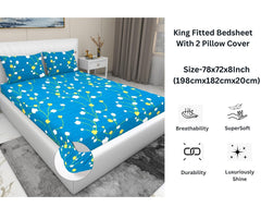 Luxurious Double Bed Sheet With 2 Pillow Covers - 72 X 78 X 8 Inches, Blue & White | Fade Resistant & Durable Breathable & Wrinkle Free Bed Sheet