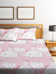 Elastic Fitted Kids Elephant & Kitty Double Bedsheet 2 King Size Pillow Covers, Baby Pink (72x78 Inches) | Lightweight, Soft & Breathable - Perfect For Gifting Bedsheet