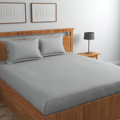 Pure Cotton Satin Stripes Plain King Size Bedsheet For Double Bed With Two Pillow Covers - 90x90 Inches, Grey | Ideal For Daily Use & Gifting Bedsheet