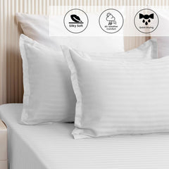 Luxurious Satin Stripe Soft Flat Bedsheets 2 Pillow Covers, Double Size - 84 X 90 Inches, White | Good For Home, Hotel, Villa, Resort & Guest House