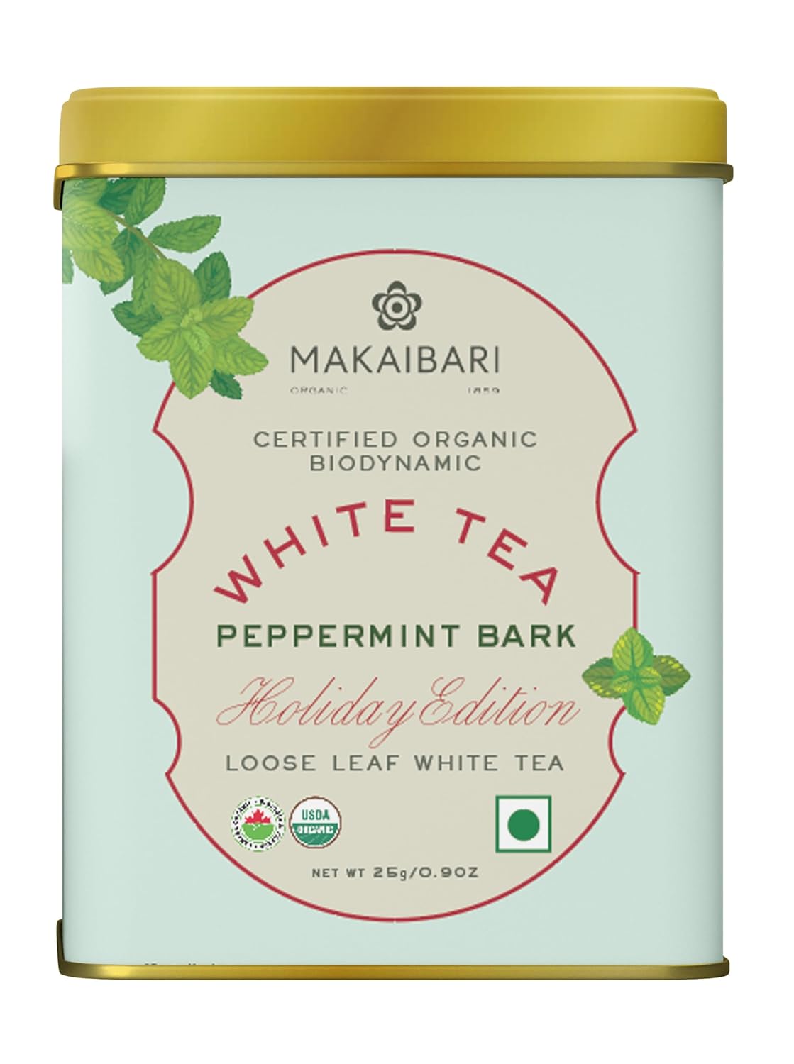 Makaibari Holiday Edition - Peppermint Bark Loose Leaf White Tea - 25gm Tin Caddy, 0.9 Ounce | USDA Certified Premium Tea - Low Caffeine White Tea | Anti-Oxidants, Immunity Booster