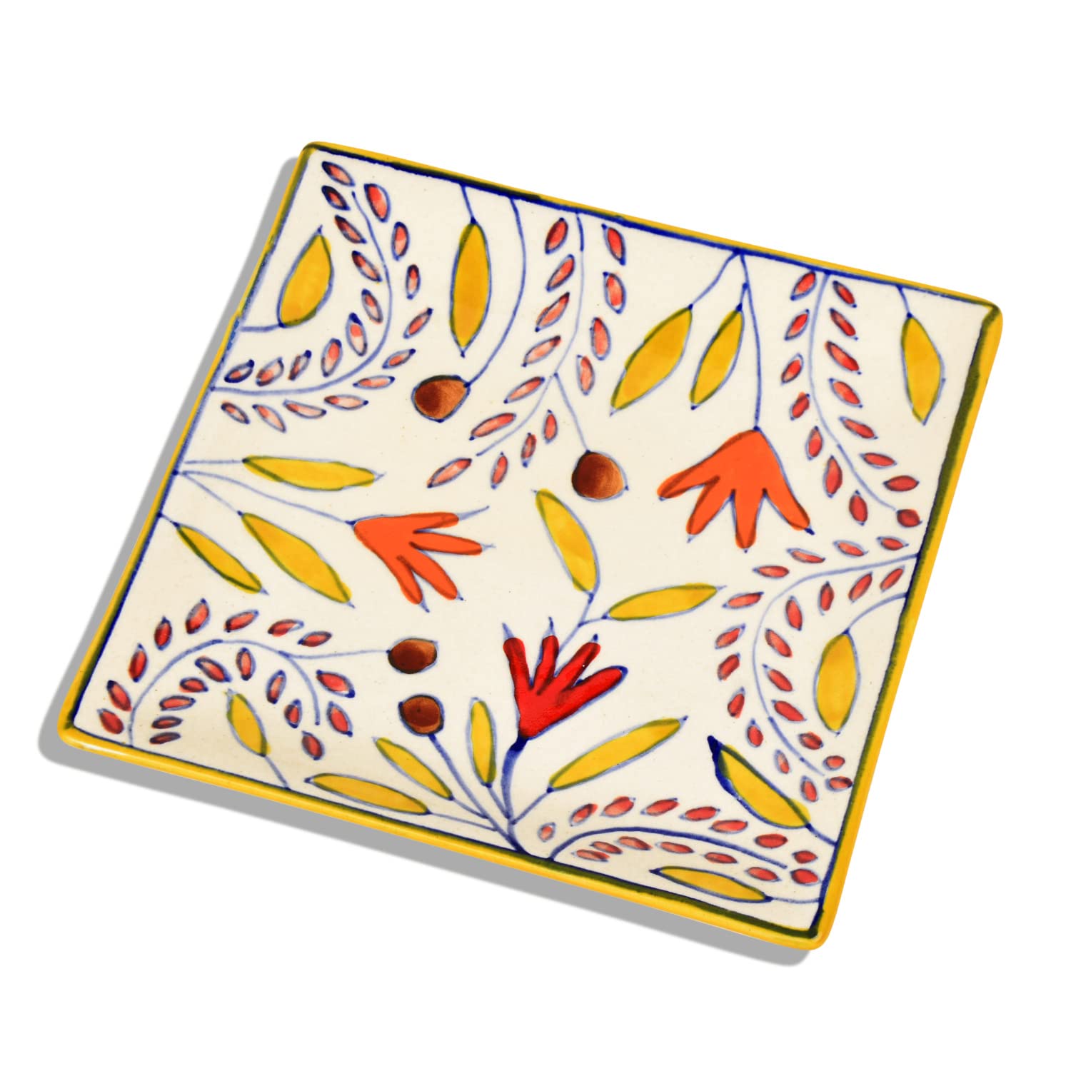 Premium Hand Painted In Traditional Design Ceramic Square Platter - Multicolor, L X B – 18 Cm X 18 Cm | Starter Serving Tray Premium Hand Painted In Traditional Design Ceramic Square Platter - Multicolor, L X B – 18 Cm X 18 Cm | Starter Serving Tray