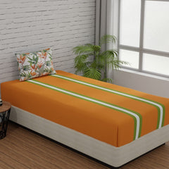 Single Bedsheet Elastic Fitted Cotton With 1 Pillow Cover | 36 X 78 Inches, Orange & Green | Ideal For Home, Guest House, Hotel | Soft & Breathable Fabric