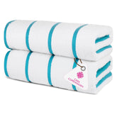 Casa Copenhagen Pack Of 2 Cabana Pool Xl Bath Towels 610 Gsm Cotton Rough & Tough Use Colour (White Teal Stripe)