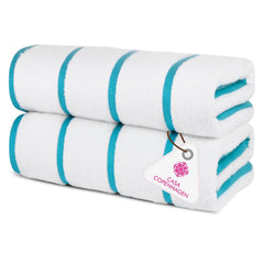Casa Copenhagen Pack Of 2 Cabana Pool Xl Bath Towels 610 Gsm Cotton Rough & Tough Use Colour (White Teal Stripe)