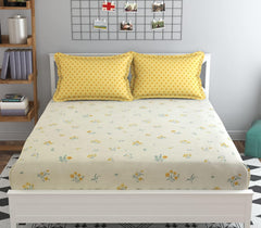 Double Bedsheet For King Size Bed With 2 Pillow Covers - 108 X 108 Inches, Cream & Yellow | Premium Comfort Bedsheets For Home, Hotels & Guest House