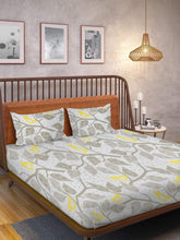 144 TC Cotton Bedsheet For Double Bed With 2 Pillow Cover - 88 X 96 Inches, Grey & Yellow | Good For Guest Houses, & Daily Home Use