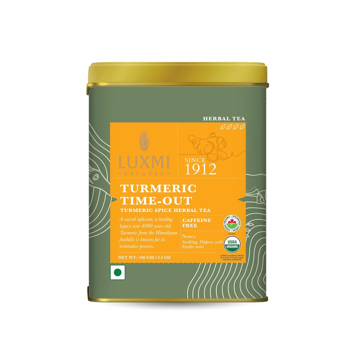 Luxmi Estates Turmeric Timeout Spice Herbal Tea - 100gm, 3.5 Ounce, 50 Cups | USDA Certified Organic Herbal Tea - Caffeine Free Herbal Tea | Made With Turmeric, Ginger, Cardamom, Black Pepper