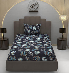 Glace Cotton Single Bedsheet Elastic Fitted With 2 Pillow Cover - 48x78x8 Inches, Black & Blue | Soft Touch To Skin | Perfect Ideal For House, Hotel, Guest House Bedsheet