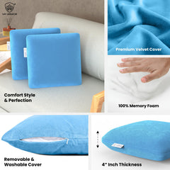 Memory Foam Square Cushion Pillow, For Car, Sofa & Diwan, Bed, Sky Blue - 14 X 14 X 4 Inch | Highly Durable, Hypoallergenic, Portable, Adjustable, Velvet Cover, Multipurpose Use - Pack Of 2