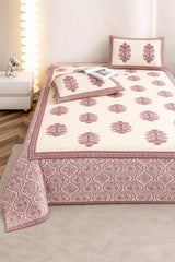 Jaipuri Cotton Bedsheet For King Size With 2 Pillow Covers | 90 X 108 Inches, Cream & Red | Ultra-Soft & Skin-Safe | Breathable Summer Comfort