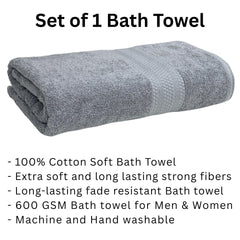 Stamio Cotton Bath Towel 600 Gsm | Two Ply Combed, Extra Soft & Absorbent Large Full Size Towels For Bathing, Home, Sports, Salon, Hotel Use (Grey)