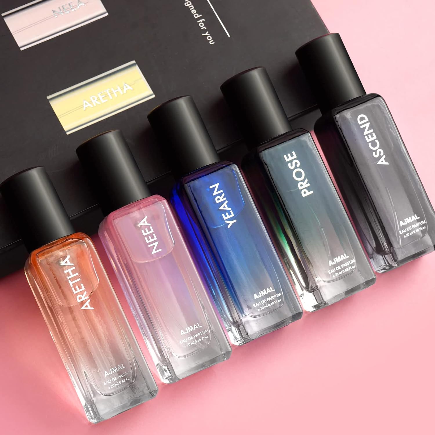 Ajmal Yearn, Prose, Ascend, Neea & Aretha Discovery Eau De Parfum 20ml 0.6 Fl.oz. Each Set Of 5  | For Men & Women Ajmal Yearn, Prose, Ascend, Neea & Aretha Discovery Eau De Parfum 20ml 0.6 Fl.oz. Each Set Of 5  | For Men & Women