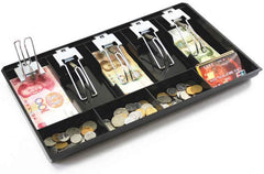 Cash Money Tray 5 Bill 4 Coin Drawer Tray Storage Case With Metal Clip, 40 X 24.4 X 3.5 Cm, Colour - Black, Material - Plastic