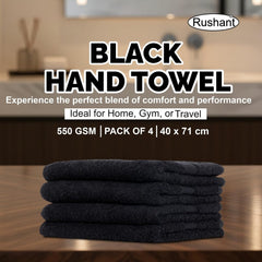 Rushant 100% Combed Cotton Hand Towels 600 Gsm | Ultra Soft, Quick Dry & Super Absorbent For Home, Gym & Travel (Black) - Set Of 4
