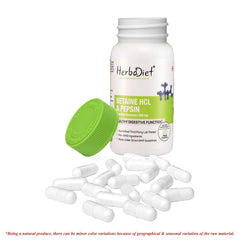 Herbadiet Betaine Hcl + Pepsin 500mg Digestive Enzyme Supplement Gut Health Support, Nutrient Absorption | Veg 60 Capsules, 100gm 0.2lbs