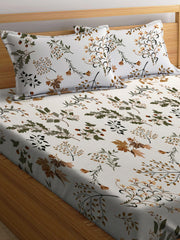 Double Bed Bedsheet With 2 Pillow Covers - 72 X 78 X 10 Inches, White & Brown | Elastic Fitted Printed King Size Bedsheet | Soft, Breathable & Wrinkle-Free
