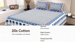 Jaipuri Cotton Bedsheet For King Size With 2 Pillow Covers | 90 X 108 Inches, White & Blue | Ultra-Soft & Skin-Safe | Breathable Summer Comfort