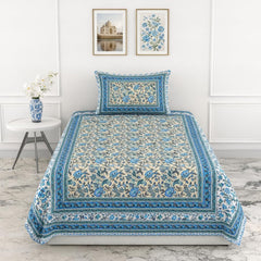 Soft Cotton Single Size Bedsheet With 1 Pillow Cover - 60 X 90 Inches, Cream & Blue | Durable For Everyday Use - All Season Comfort