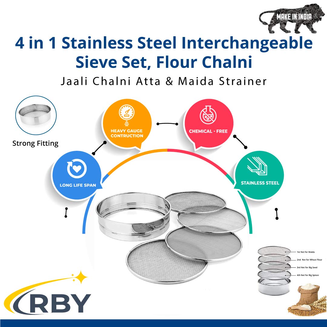 4 In 1 Silver Stainless Steel Interchangeable Sieve Set | Flour Chalni, Spices, Food Strainers, Atta Chalni, Jaali Channi Atta Maida Strainer - 4 Types Of Mesh & 1 Holder 4 In 1 Silver Stainless Steel Interchangeable Sieve Set | Flour Chalni, Spices, Food Strainers, Atta Chalni, Jaali Channi Atta Maida Strainer - 4 Types Of Mesh & 1 Holder