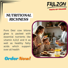 Organic Desi Cow Bilona Ghee With Wooden Spoon By Frilzon | Traditional Bilona Method, Cultured Danedar Desi Homemade Ghee Good For Health | (1 Litr) 33.8 Ounce | Jar Pack