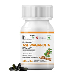 Inlife Ashwagandha Ksm-66 500 Mg, Extra Strength Natural Formulation, Supports Strength, Energy, Withania Somnifera Extract | 60 Capsules 100gm 0.2lbs