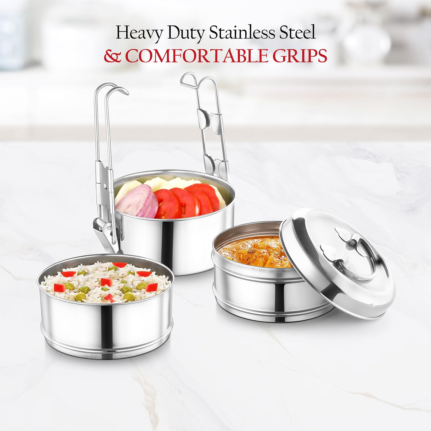 Silver Stainless Steel Tiffin Storage Container With Lid & Classic Lock 3-Tier | Lunch Box For Office, College, School - Air Tight & Leakproof Silver Stainless Steel Tiffin Storage Container With Lid & Classic Lock 3-Tier | Lunch Box For Office, College, School - Air Tight & Leakproof