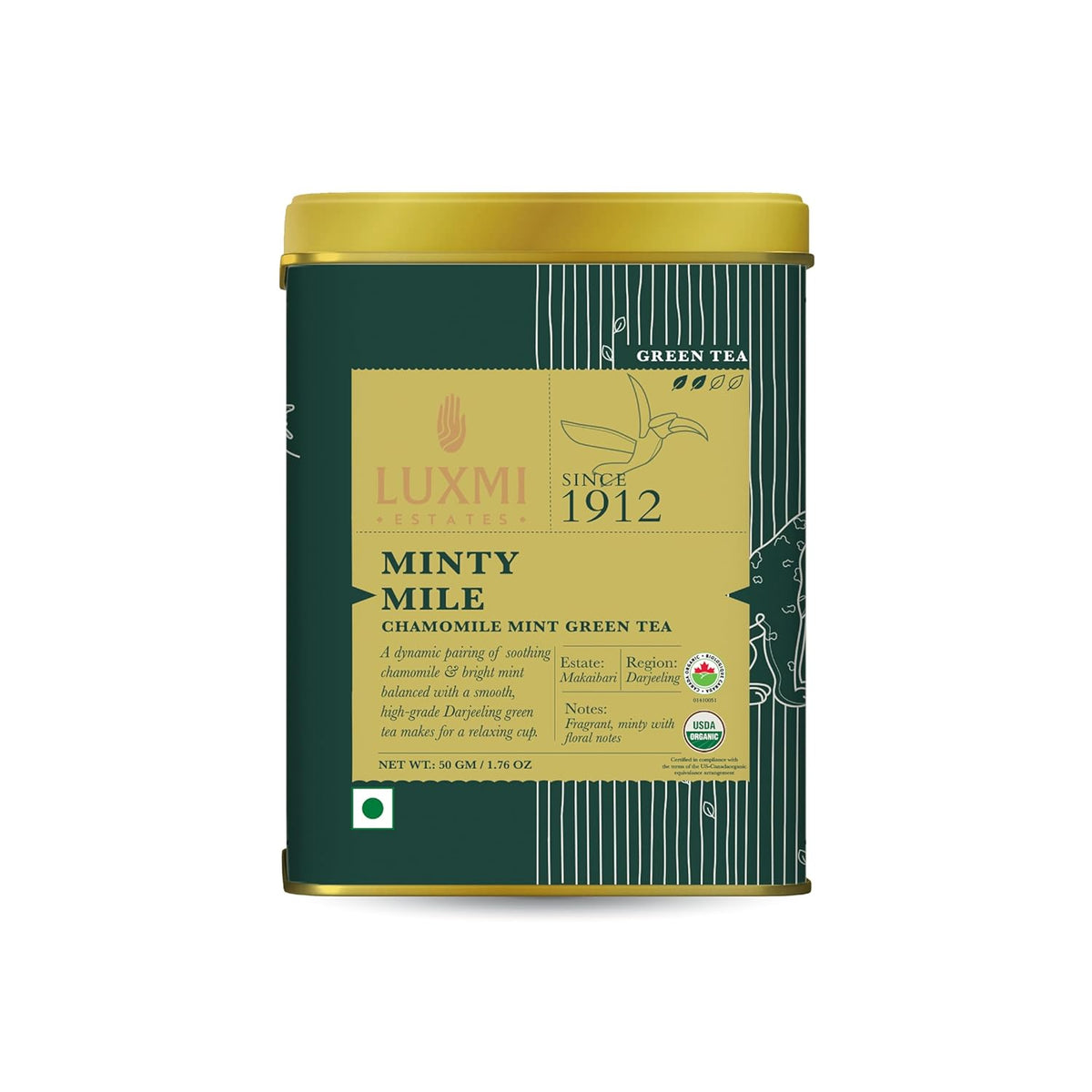 Luxmi Estates Minty Mile Chamomile Mint Green Tea - 50gm Tin, 1.7 Ounce | USDA Certified Organic Green Tea - Low Caffeine Chamomile Green Tea