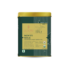 Luxmi Estates Minty Mile Chamomile Mint Green Tea - 50gm Tin, 1.7 Ounce | USDA Certified Organic Green Tea - Low Caffeine Chamomile Green Tea